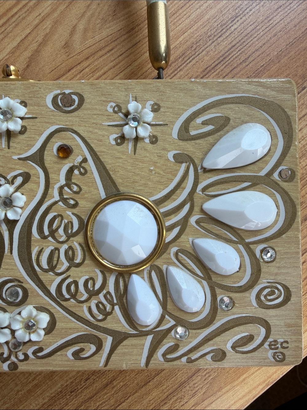 Vintage 1960s Enid Collins "Love Doves" Wood Jeweled Box Bag Purse 8.5x4x2” - Picture 4 of 13